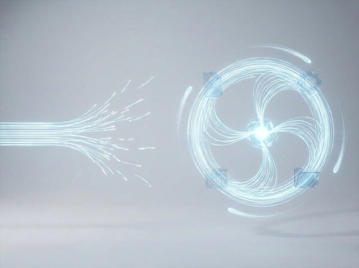 A short bundle of light trails frays apart and dies out, next to a closed glowing loop of light that feeds continuously into a bright core